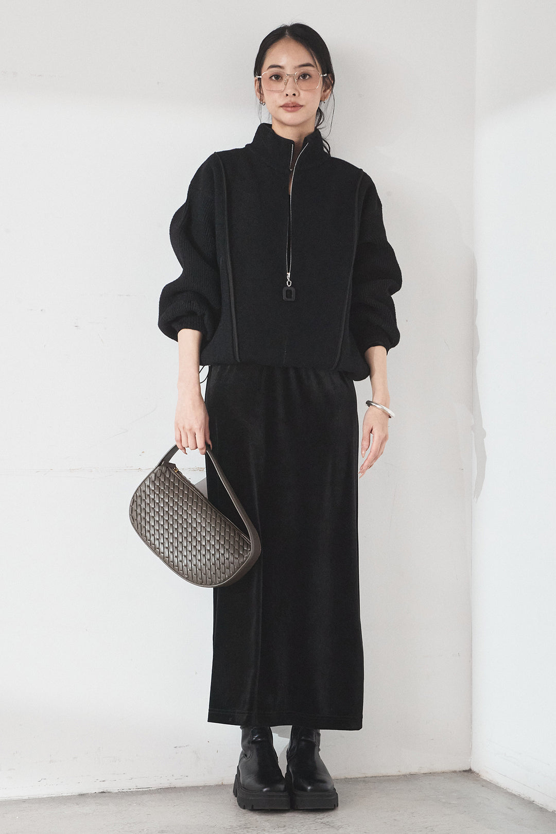 [SET]ハイネックパイピングデザインブルゾン+ベロアバレエネックワンピース(2set)