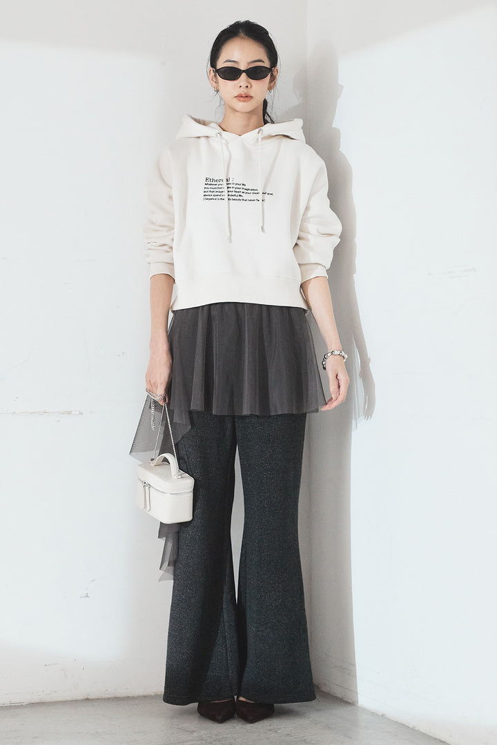 [SET]裏起毛レタリング刺繍フーディショートプルオーバー+チュールレイヤードニットパンツ(2set)