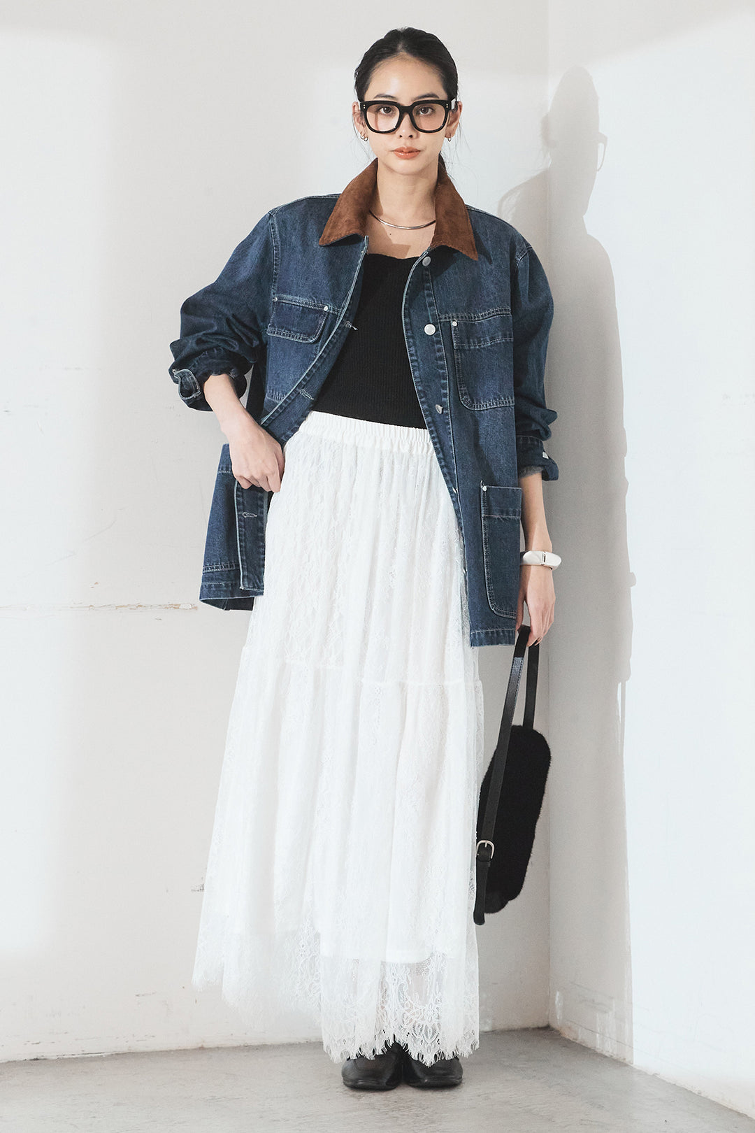 [SET]襟コーデュロイデニムカバーオール+ひげレース切替ロング丈スカート(2set)