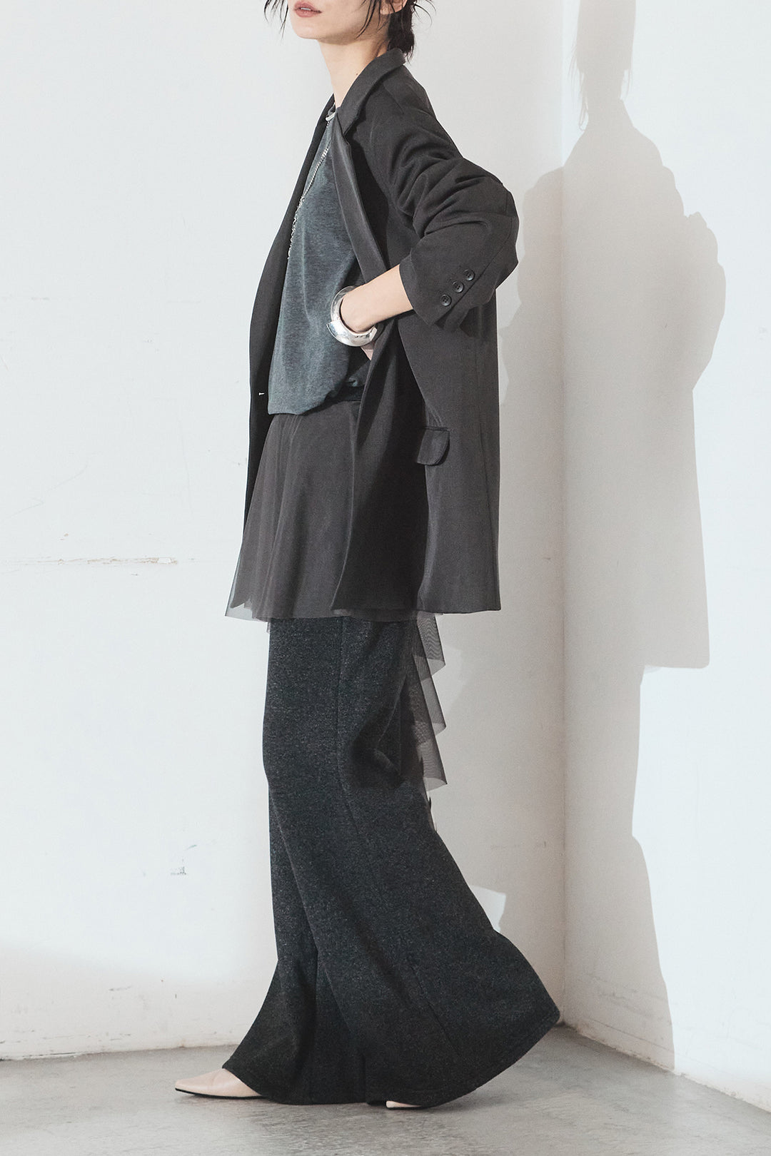 [SET]ルーズシルエットダブルテーラードジャケット+ストレッチロングTシャツ+チュールレイヤードニットパンツ(3set)