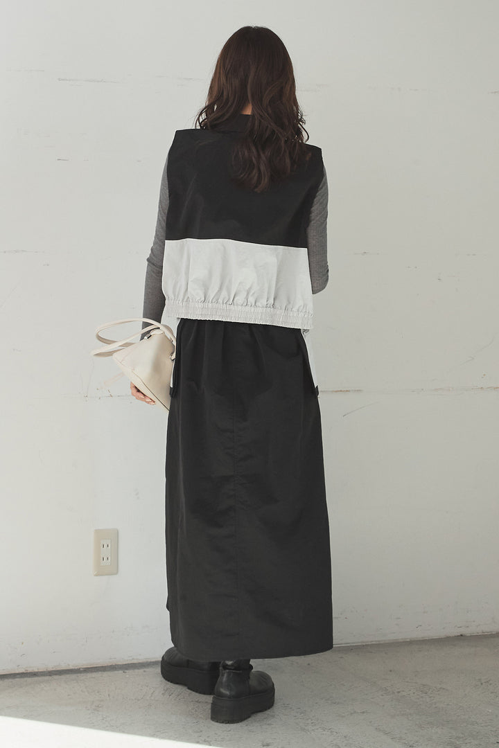 [SET]襟付きナイロンベスト+サイドデザインナイロンスカート+リブシアークルーネック長袖トップス(3set)