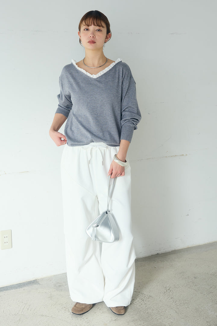 [SET]クールクール異素材コンビオフショルプルオーバー+ランダムタックデザインワイドパンツ(2set)