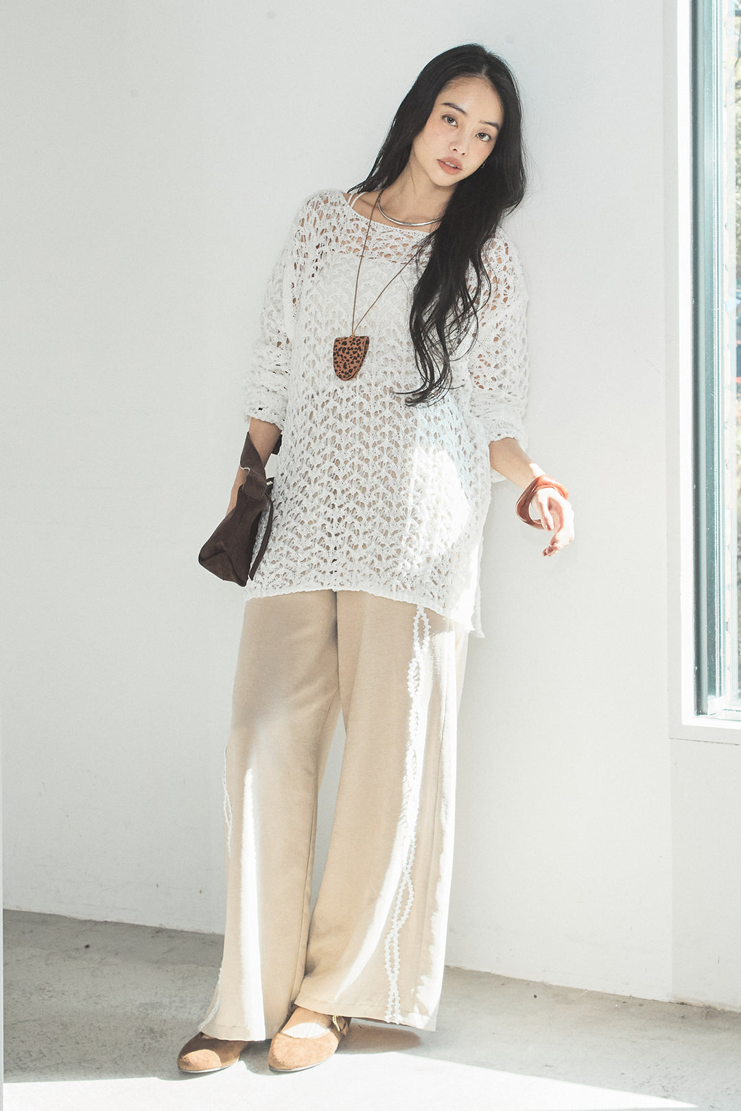 [SET]リラックスメッシュニットトップス+刺繡テープラインパンツ(2set)