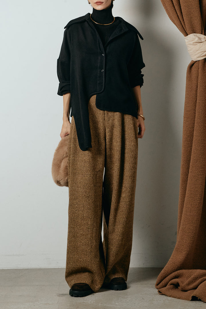 [SET]裾アシンメトリーデザインシャツ+タックツイードワイドパンツ+リブニットシームレスタートルプルオーバー(3set)