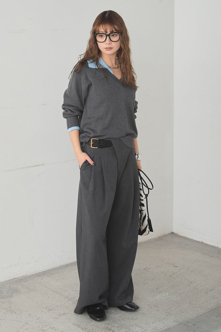 [SET]バイカラーニットレイヤード風プルオーバー+サイドベルトタック入りスラックス(2set)