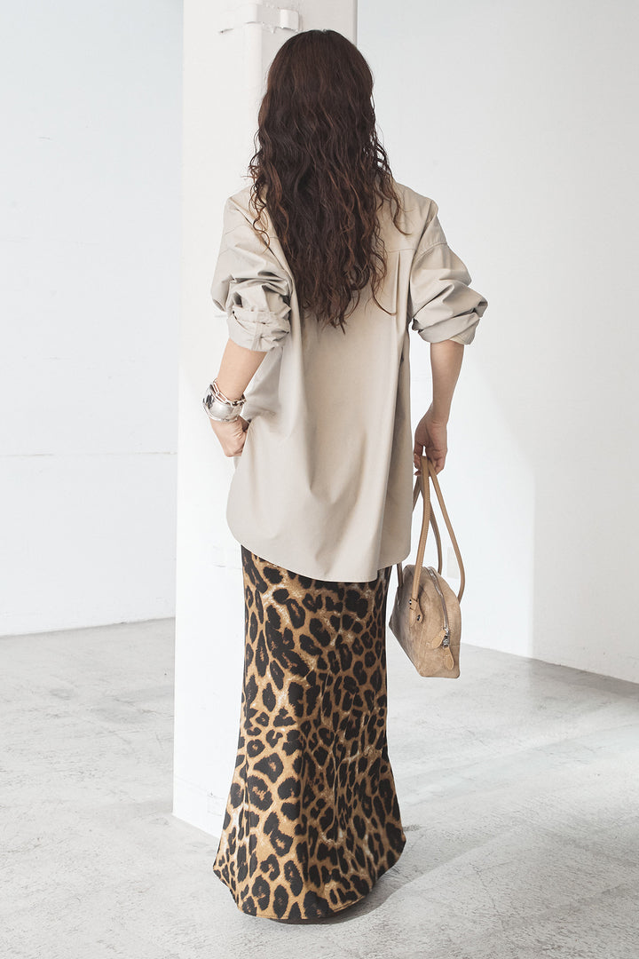 [SET]ウォッシャブルエコレザービックカフスシャツ+レオパードサテンナロースカート(2set)