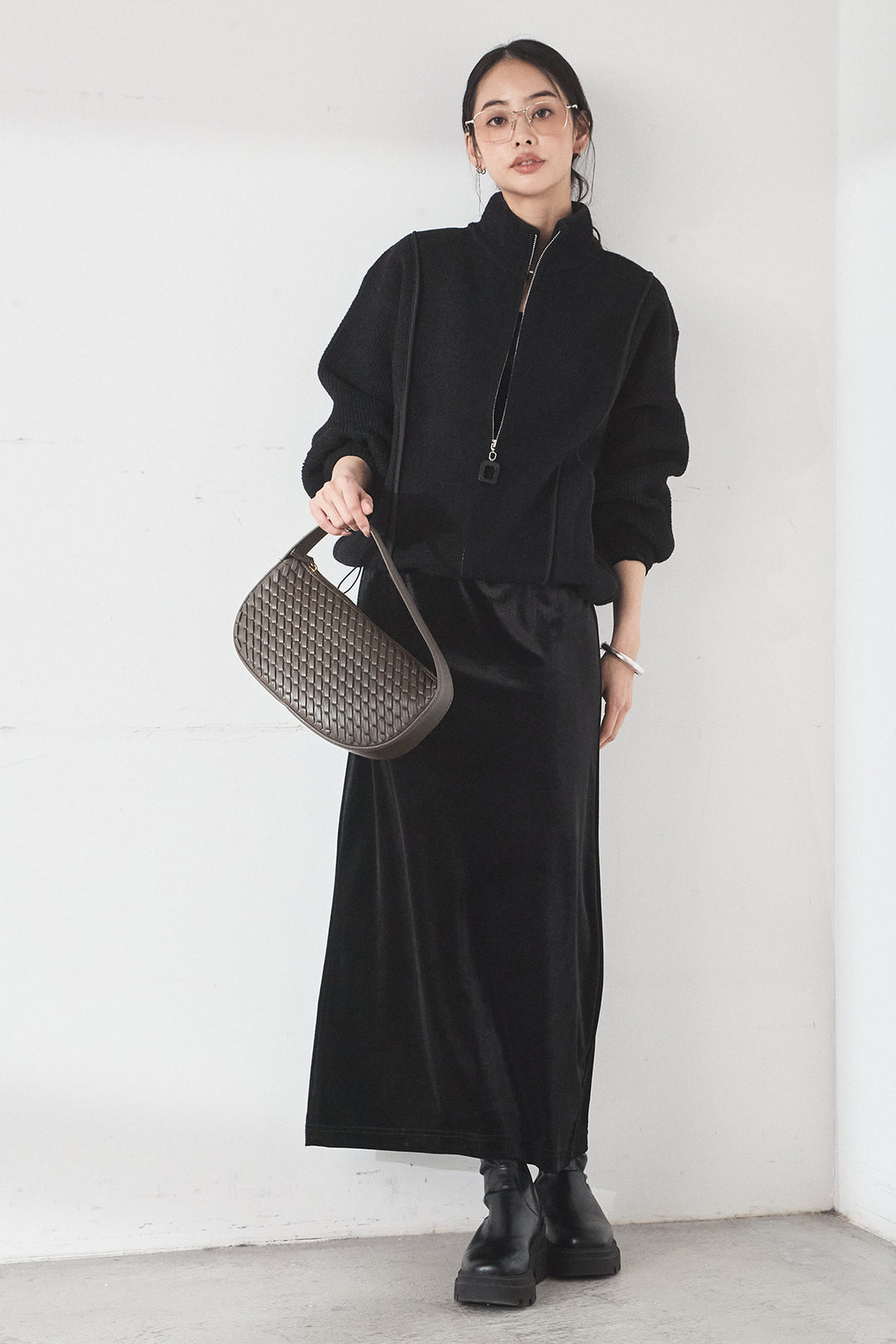 [SET]ハイネックパイピングデザインブルゾン+ベロアバレエネックワンピース(2set)