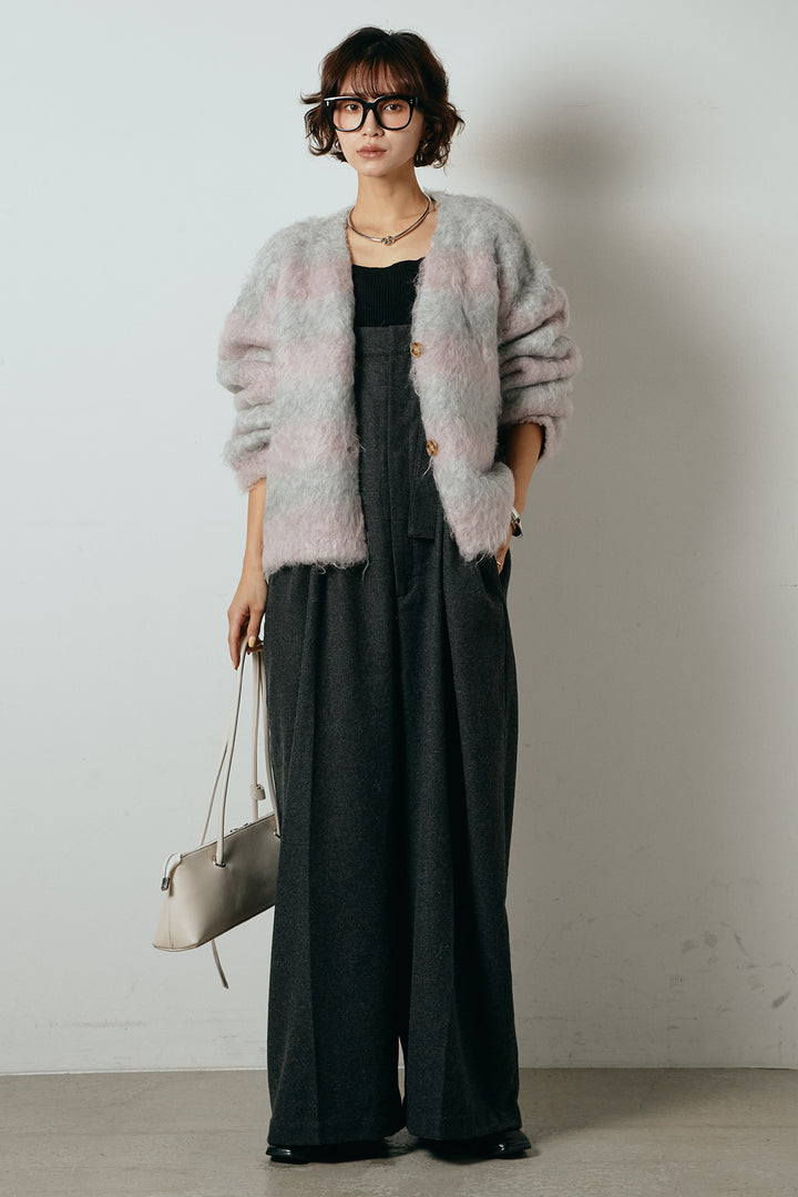 [SET]シャギーボーダー柄ニットカーディガン+ウール混フランネルワイドサロペット(2set)