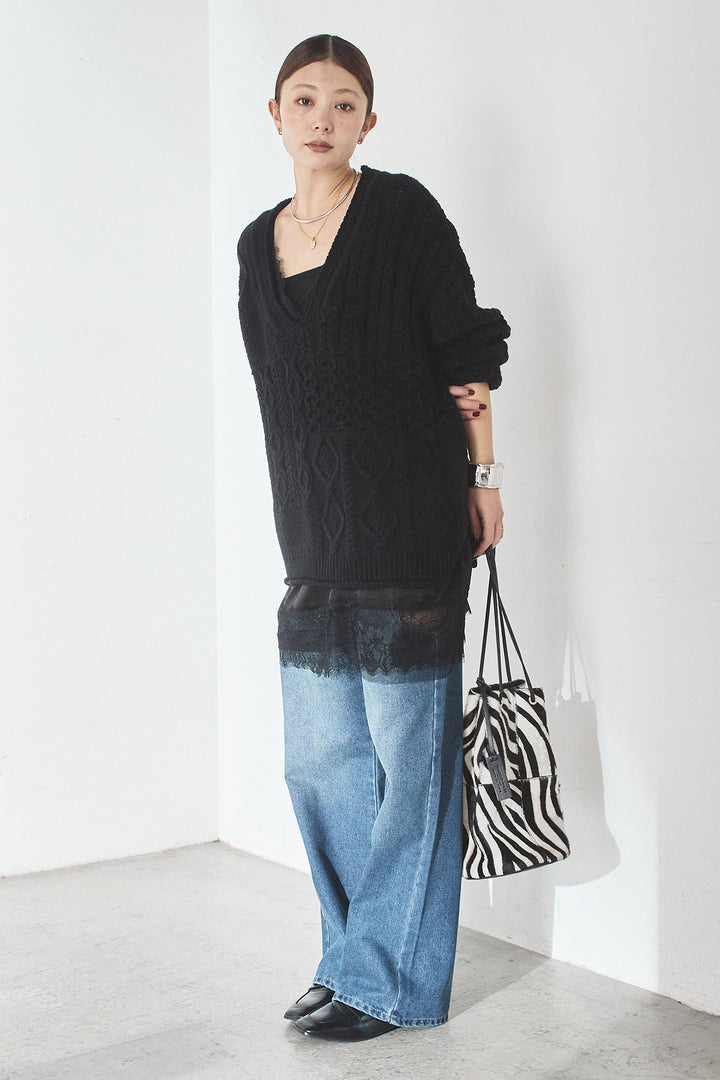 [SET]ケーブルVニットセーター+デニムサイドカットパンツ(2set)