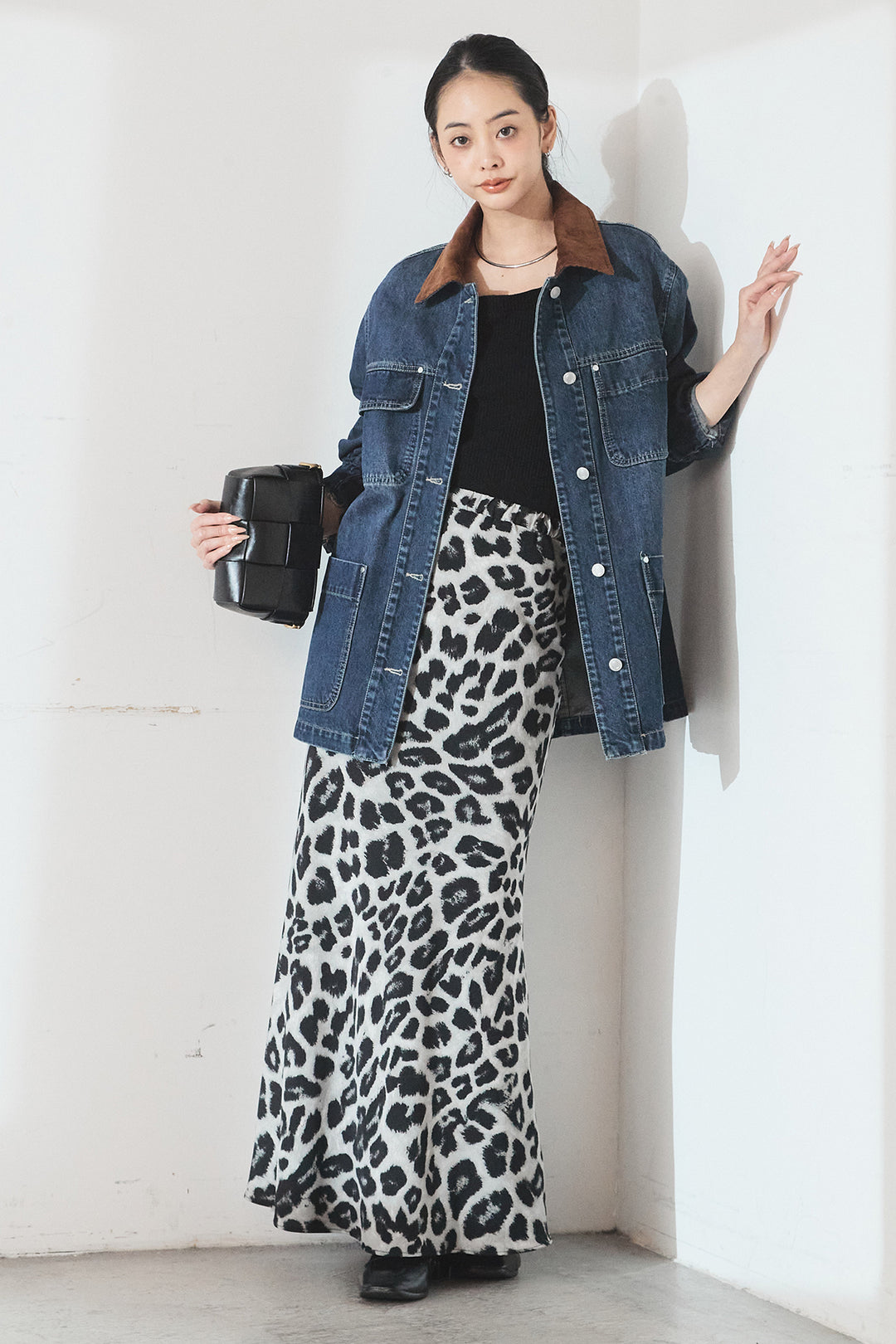 [SET]襟コーデュロイデニムカバーオール+レオパードサテンナロースカート(2set)