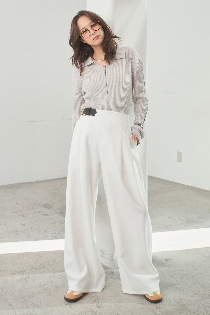 [SET]衿付きニットプルオーバー+サイドベルトタック入りスラックス(2set)