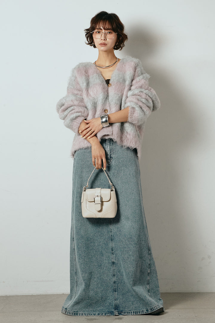 [SET]シャギーボーダー柄ニットカーディガン+デニムロングフレアスカート(2set)