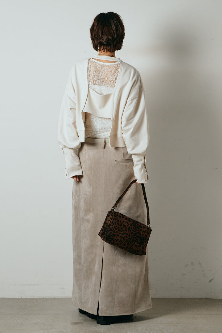 [SET]裏毛バックオープンプルオーバー+エコスウェードワイドスカート+ストレッチレースクルーネックインナー(3set)