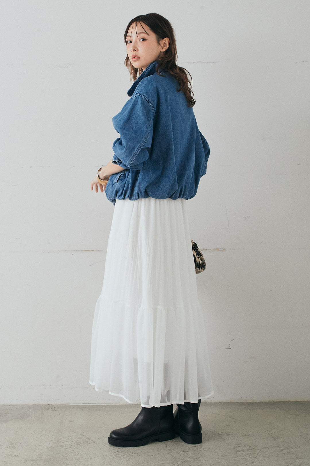 [SET]スタンドカラーデニムブルゾンジャケット+ボリュームシルエットチュールスカート(2set)