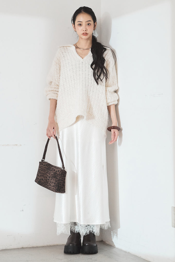[SET]襟付きVネックニットトップス+裾レースデザインサテンスカート(2set)