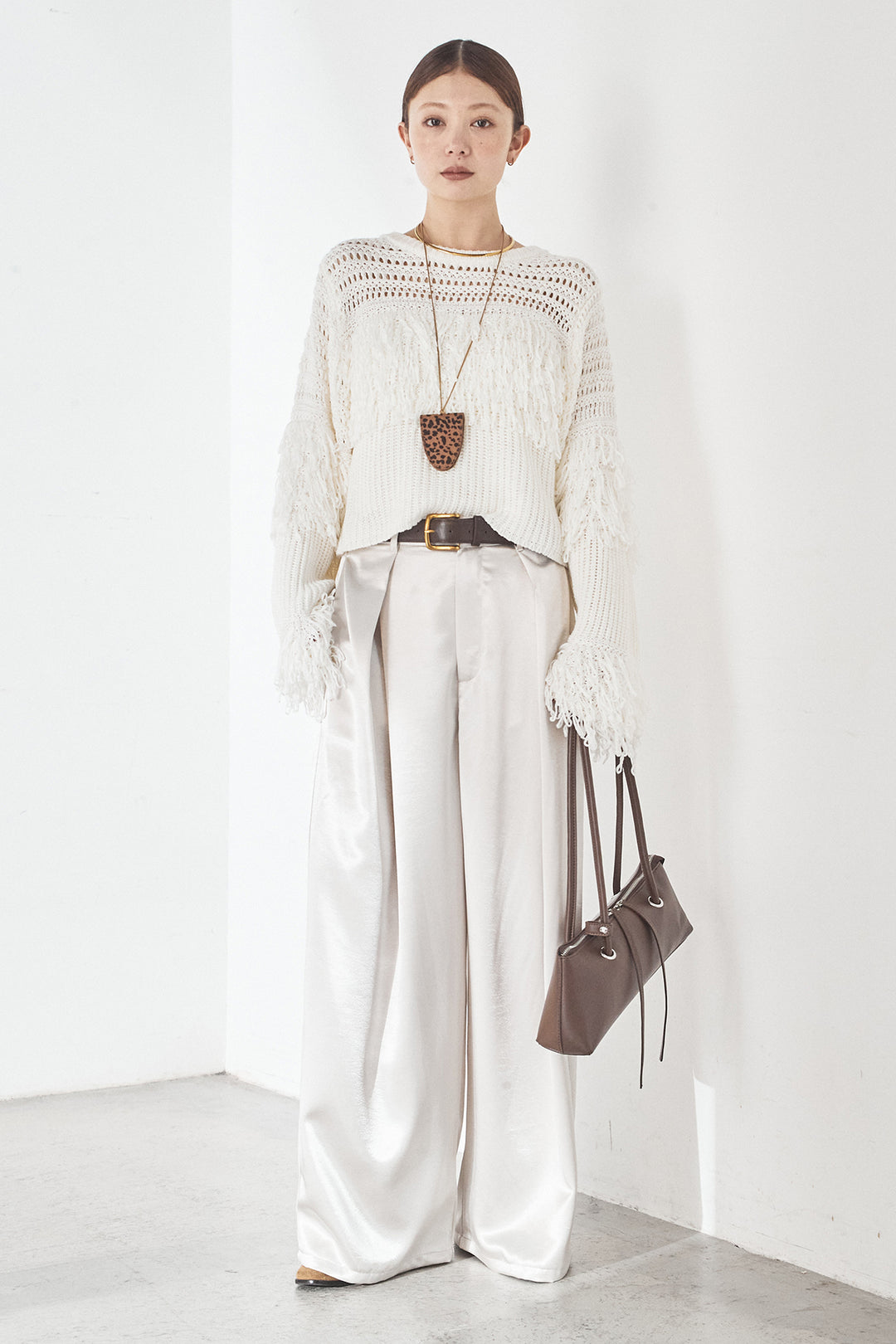 [SET]メッシュフリンジ切り替えプルオーバー+サテンタックワイドパンツ(2set)