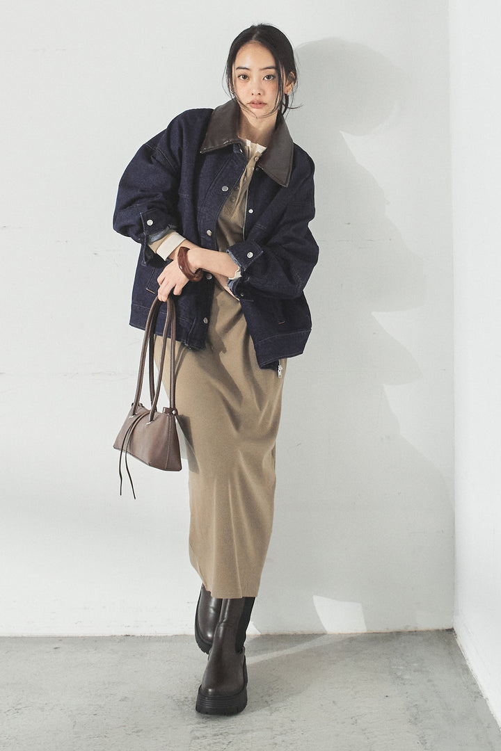 [SET]加工デニムレザー襟付きデニムブルゾン+カットリブレイヤードヘンリーネックワンピース(2set)