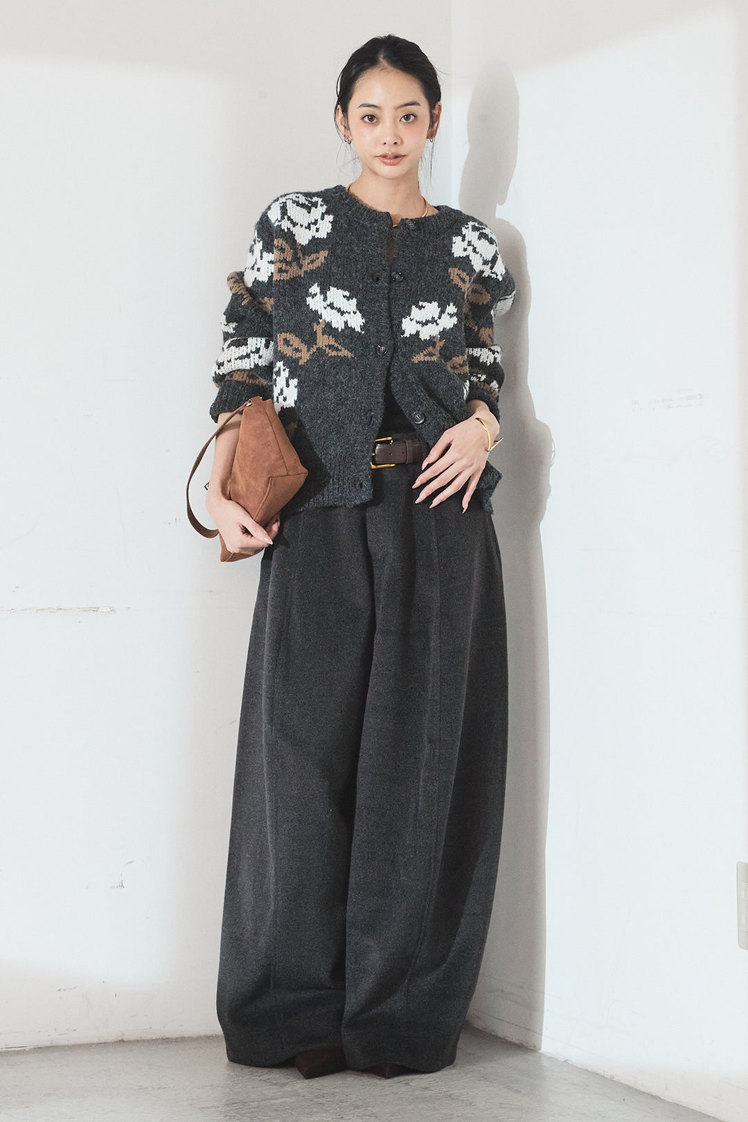 [SET]花柄ジャガードニットカーディガン+ウールタッチカーブワイドパンツ(2set)