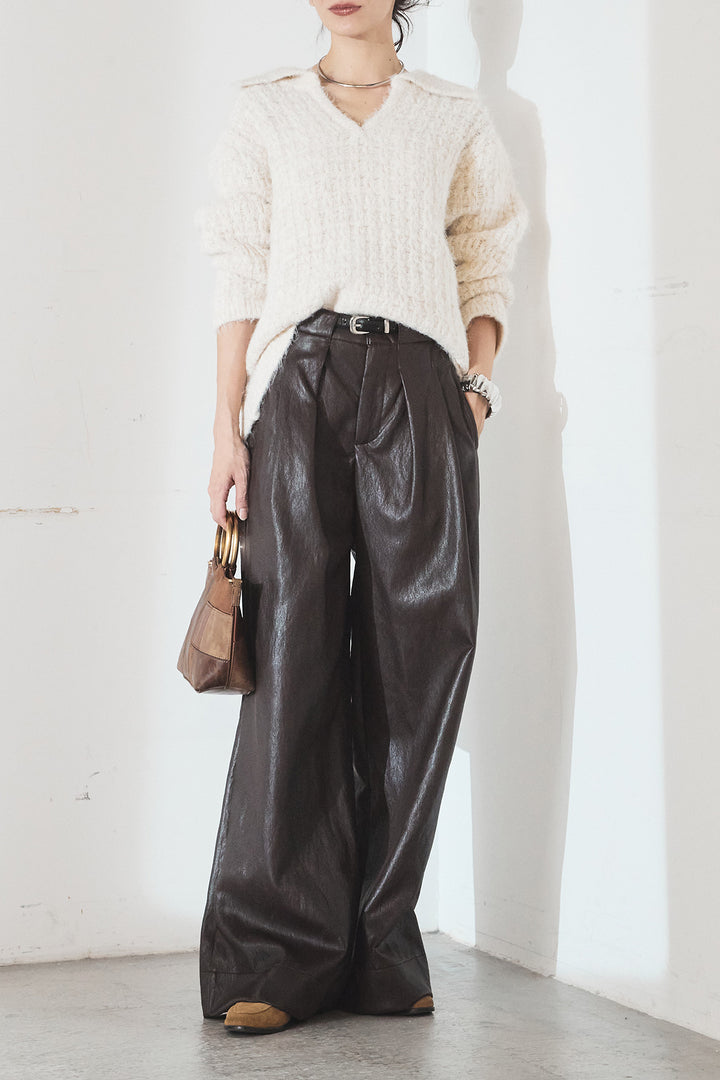 [SET]襟付きVネックニットトップス+ベルト付きレザーライクタックパンツ(2set)