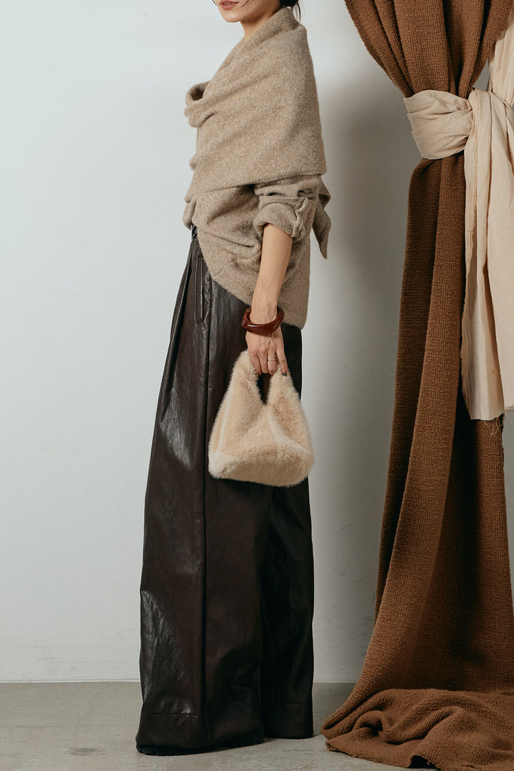 [SET]ネック巻きデザインニットトップス+ベルト付きレザーライクタックパンツ(2set)