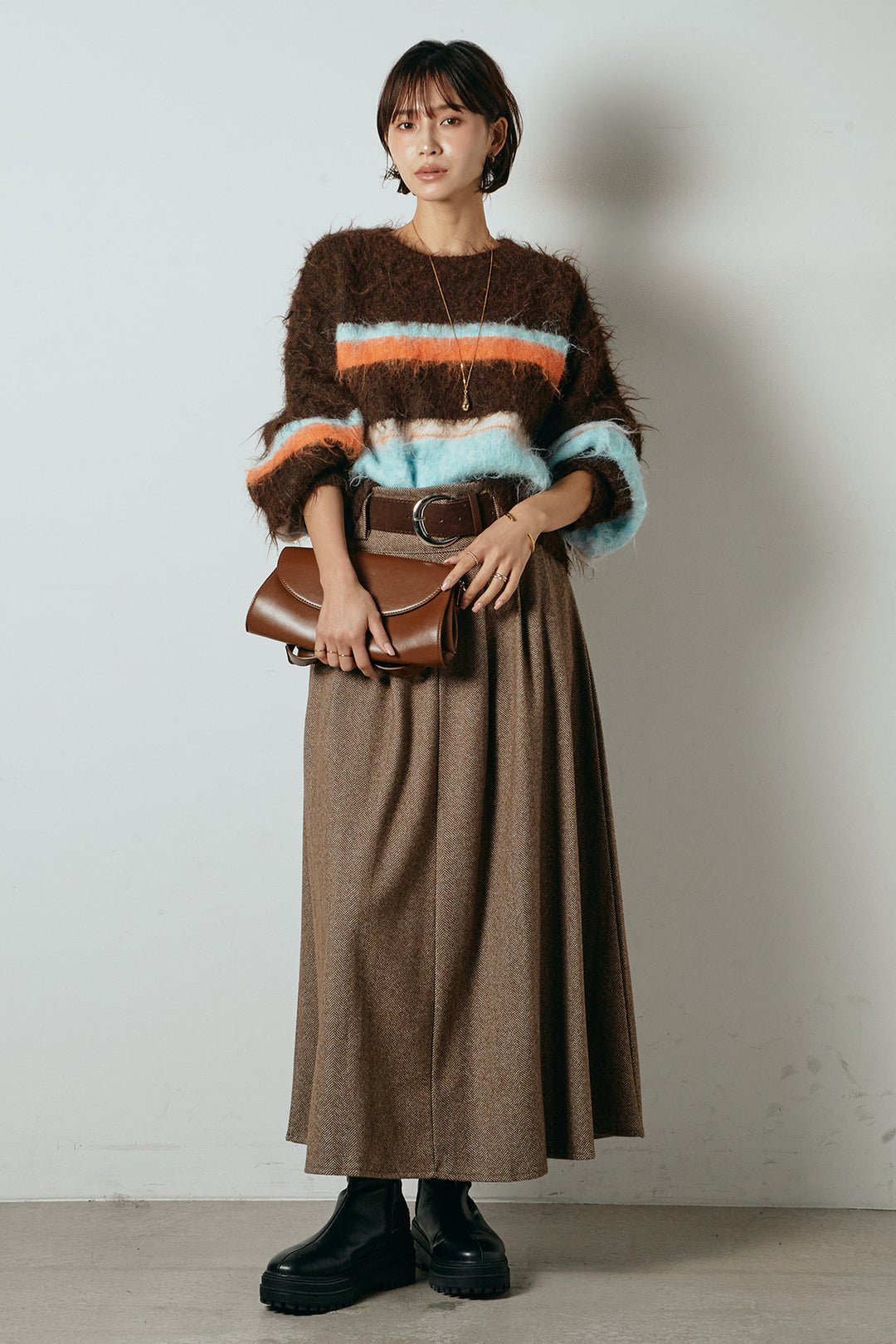 [SET]起毛配色マルチボーダーニットトップス+太ベルト付きヘリンボーンプリーツスカート(2set)
