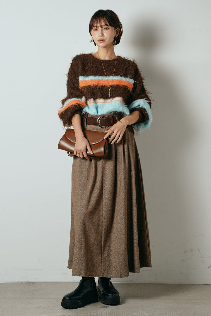 [SET]起毛配色マルチボーダーニットトップス+太ベルト付きヘリンボーンプリーツスカート(2set)