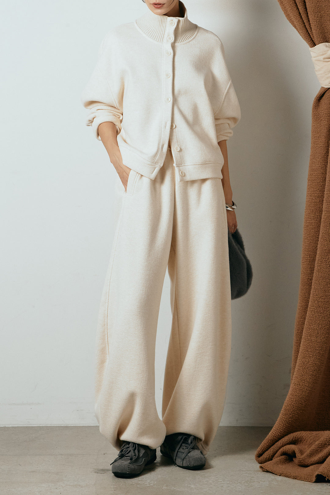 [SET]リブスタンドネックボタントップスSETUP