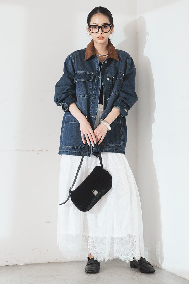 [SET]襟コーデュロイデニムカバーオール+ひげレース切替ロング丈スカート(2set)