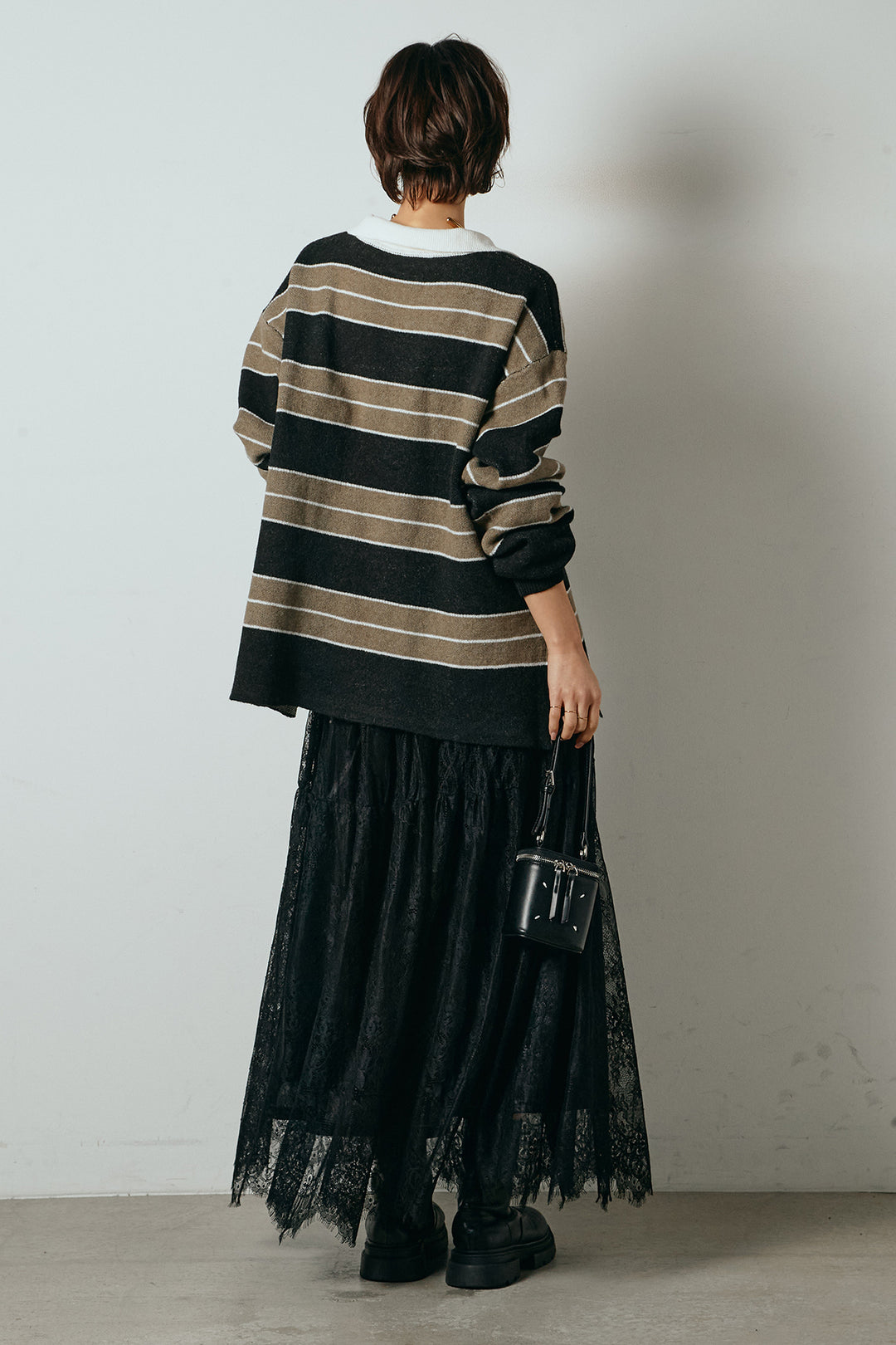 [SET]ラガーニットボーダーポロプルオーバー+ひげレース切替ロング丈スカート(2set)