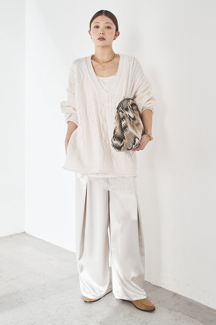 [SET]ケーブルVニットセーター+サテンタックワイドパンツ(2set)