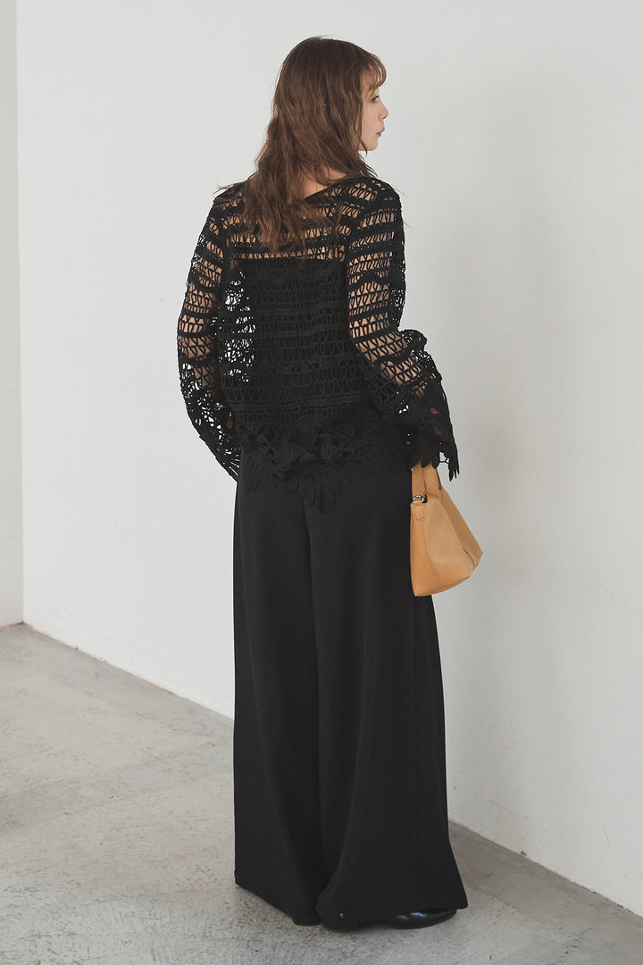 [SET]裾デザインメッシュプルオーバー+ベルト付きツータックワイドパンツ(2set)