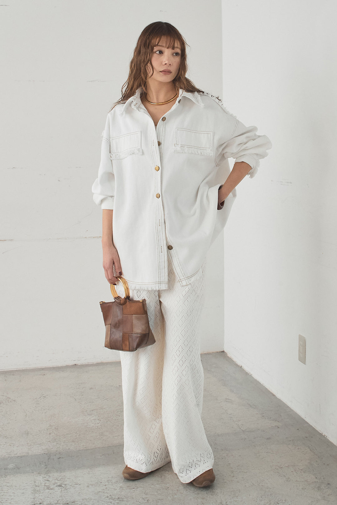 [SET]フリンジデニムジャケット+ダイヤ柄レースロングイージーパンツ(2set)