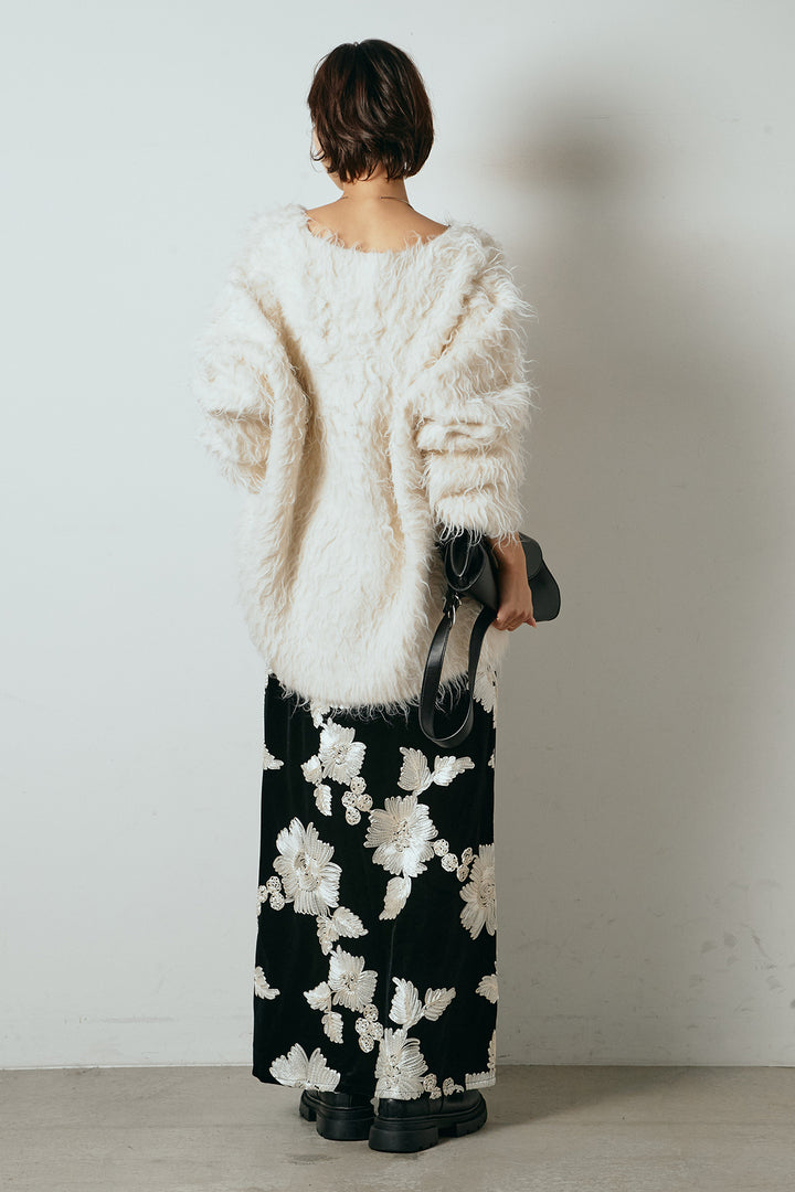 [SET]深Vネックシャギーニットトップス+フラワー刺繍ワイドスカート(2set)