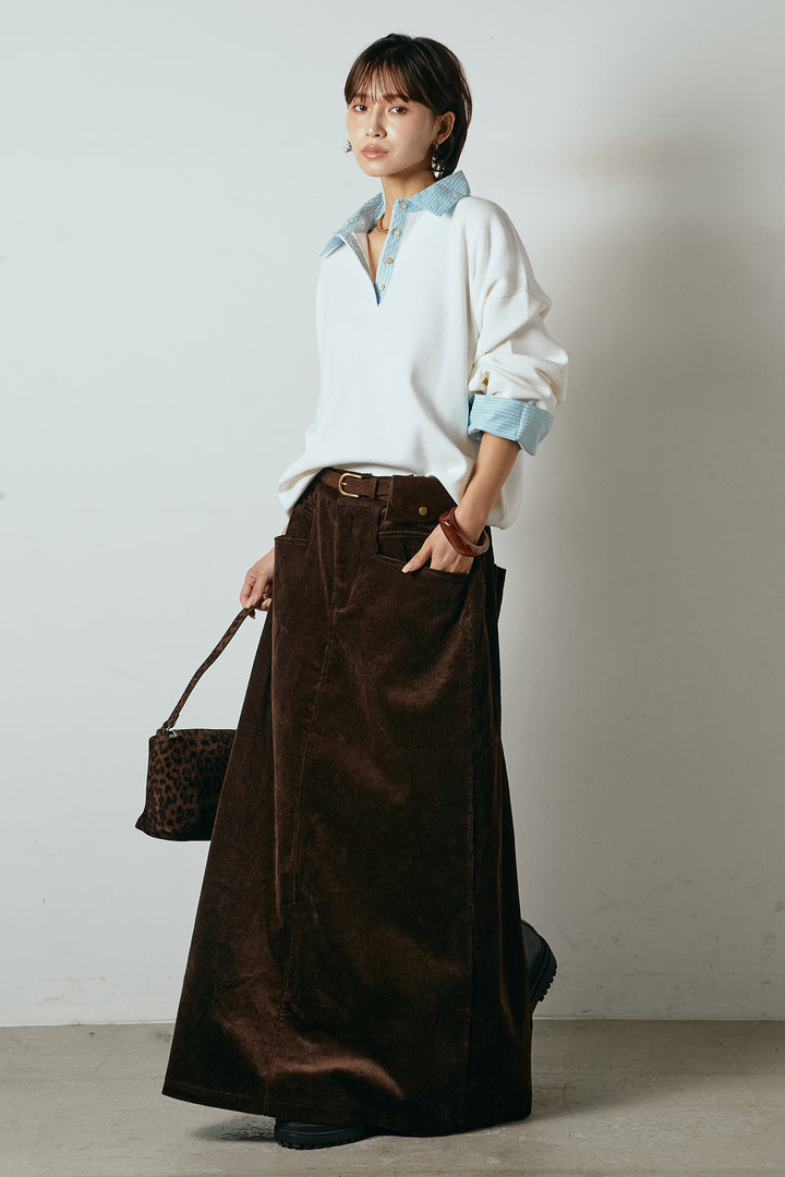 [SET]ストライプシャツドッキングポロトップス+ポーチベルト付きコーデュロイワイドスカート(2set)