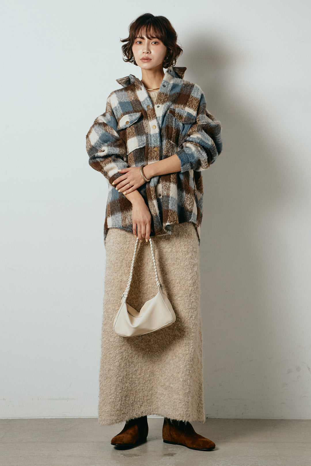 [SET]起毛チェック柄ポケットアウター+起毛ノースリーブニットロングワンピース(2set)