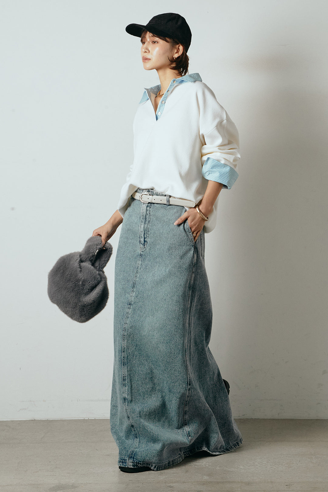 [SET]ストライプシャツドッキングポロトップス+デニムロングフレアスカート(2set)