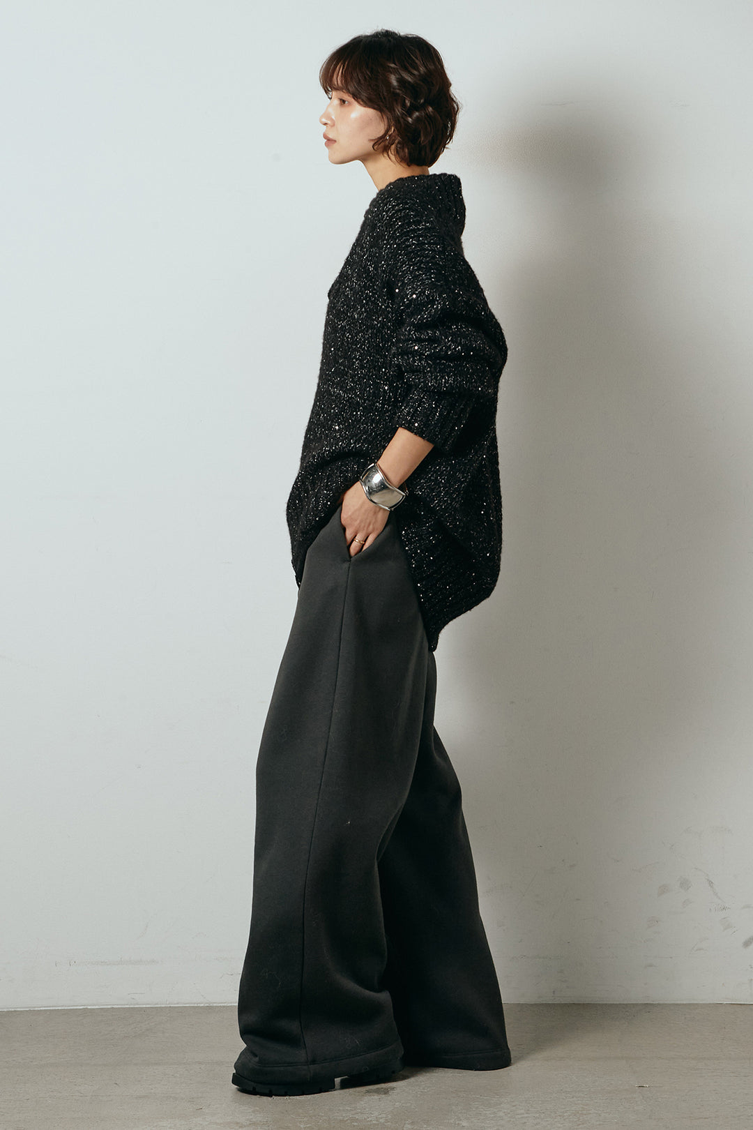 [SET]Vネックラメニットトップス+レース切り替えキャミソール(2set)