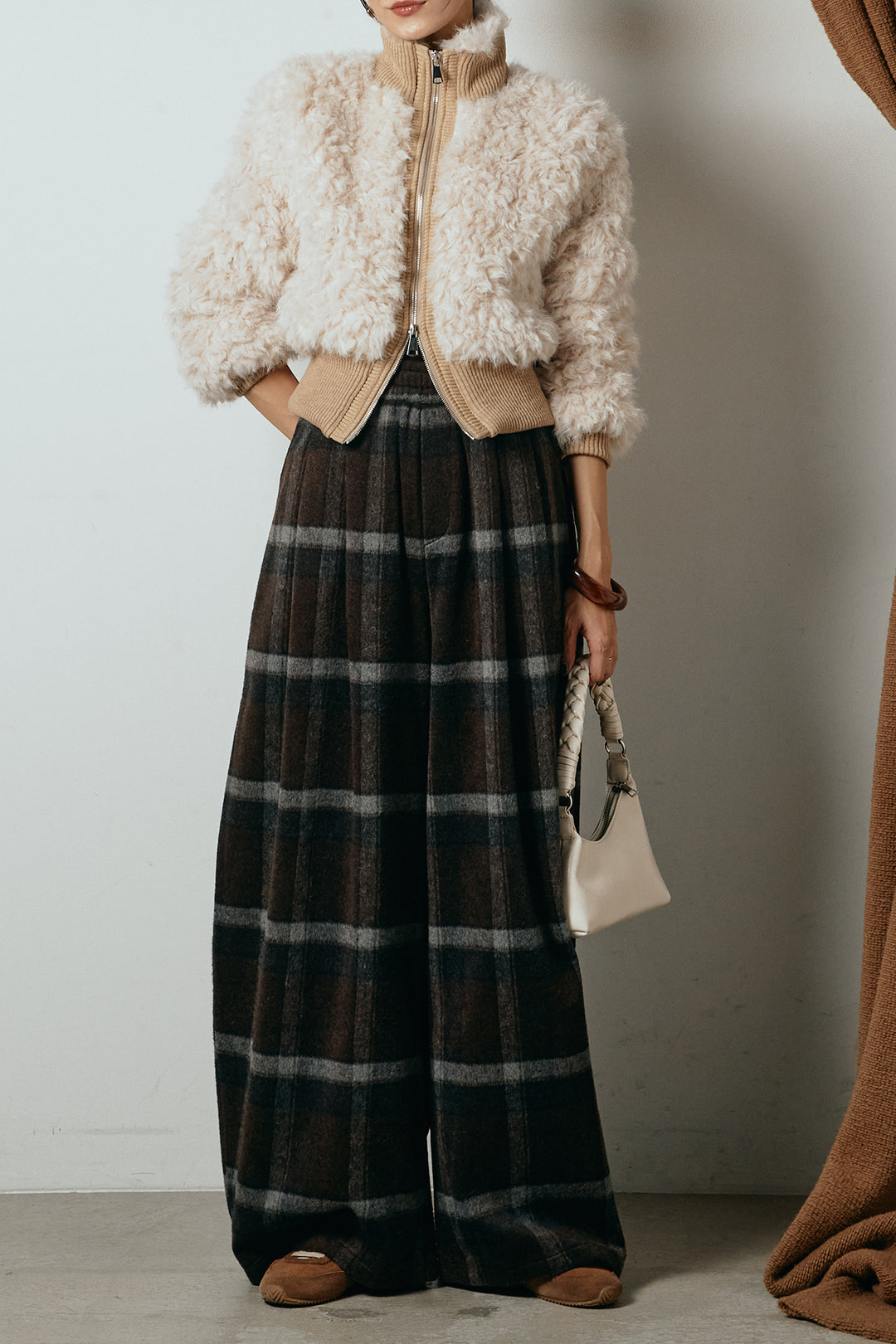 [SET]ハイネックショート丈ボアジップブルゾン+起毛タータンチェック柄ワイドパンツ(2set)