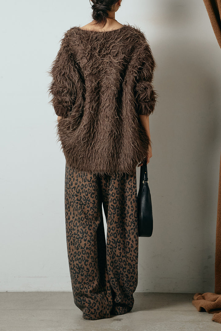 [SET]深Vネックシャギーニットトップス+リラックスレオパード柄ワイドパンツ(2set)