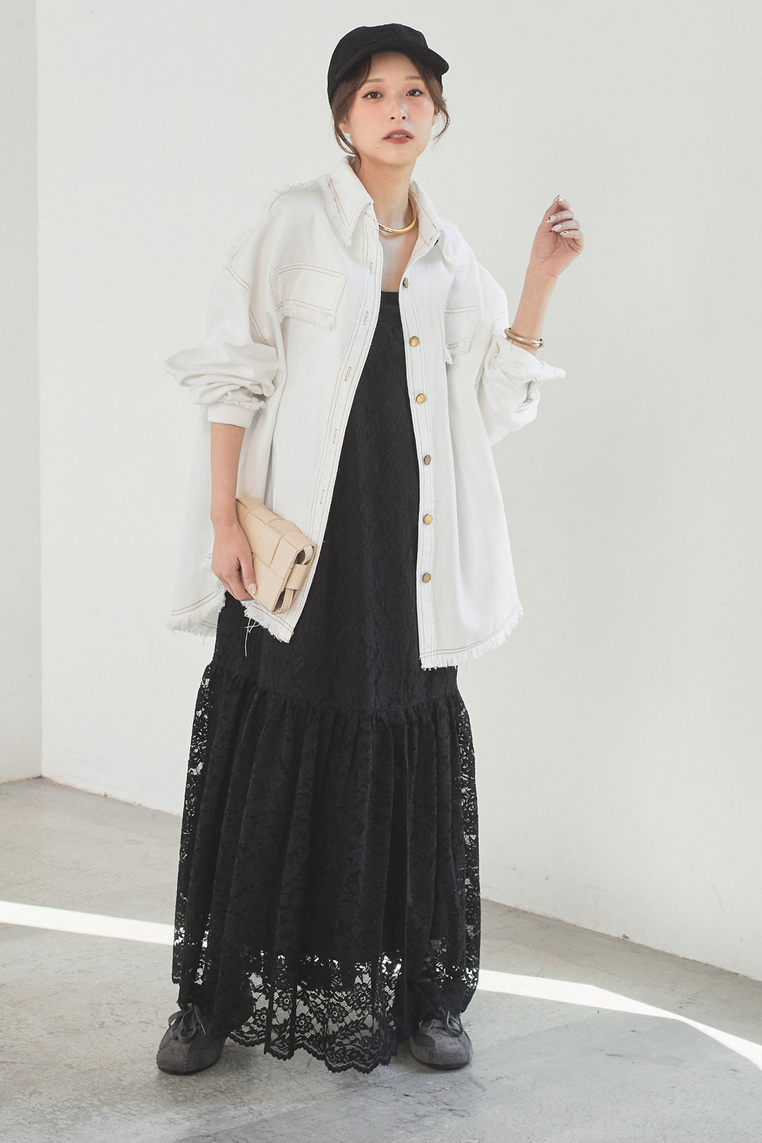 [SET]フリンジデニムジャケット+レース刺繍フレアキャミワンピース(2set)