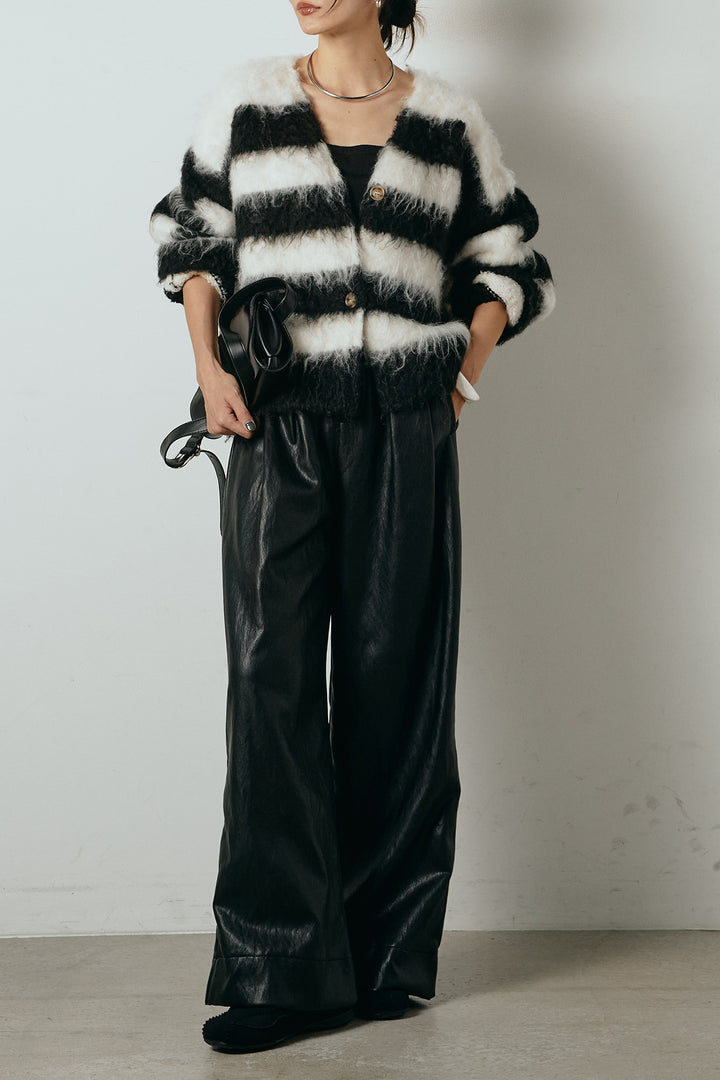 [SET]シャギーボーダー柄ニットカーディガン+ベルト付きレザーライクタックパンツ(2set)