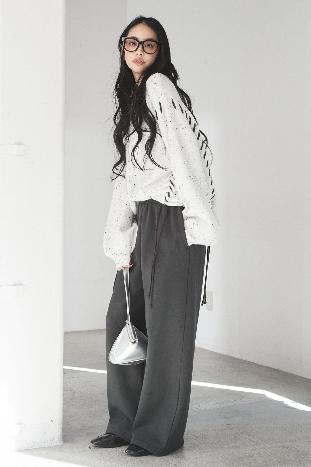 [SET]ネップ編み上げニットトップス+裏起毛スウェットワイドパンツ(2set)