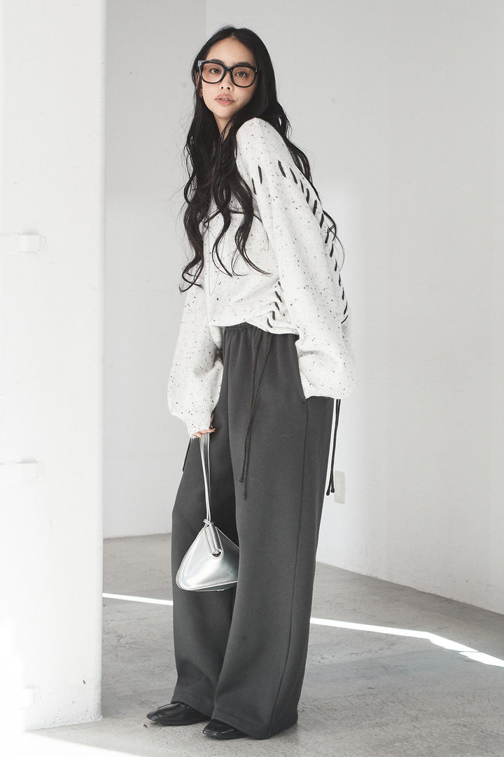 [SET]ネップ編み上げニットトップス+裏起毛スウェットワイドパンツ(2set)