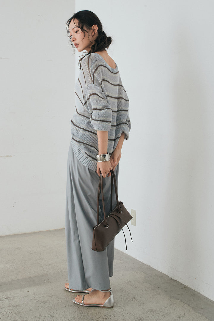 [SET]綿タッチVネックボーダートップス+ウォッシャブルエコレザータックパンツ(2set)