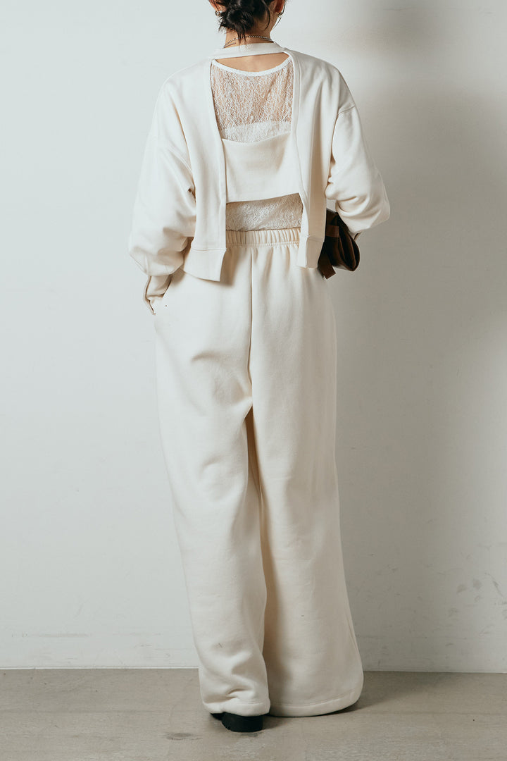 [SET]裏毛バックオープンプルオーバー+ストレッチレースクルーネックインナー+裏起毛スウェットワイドパンツ(3set)