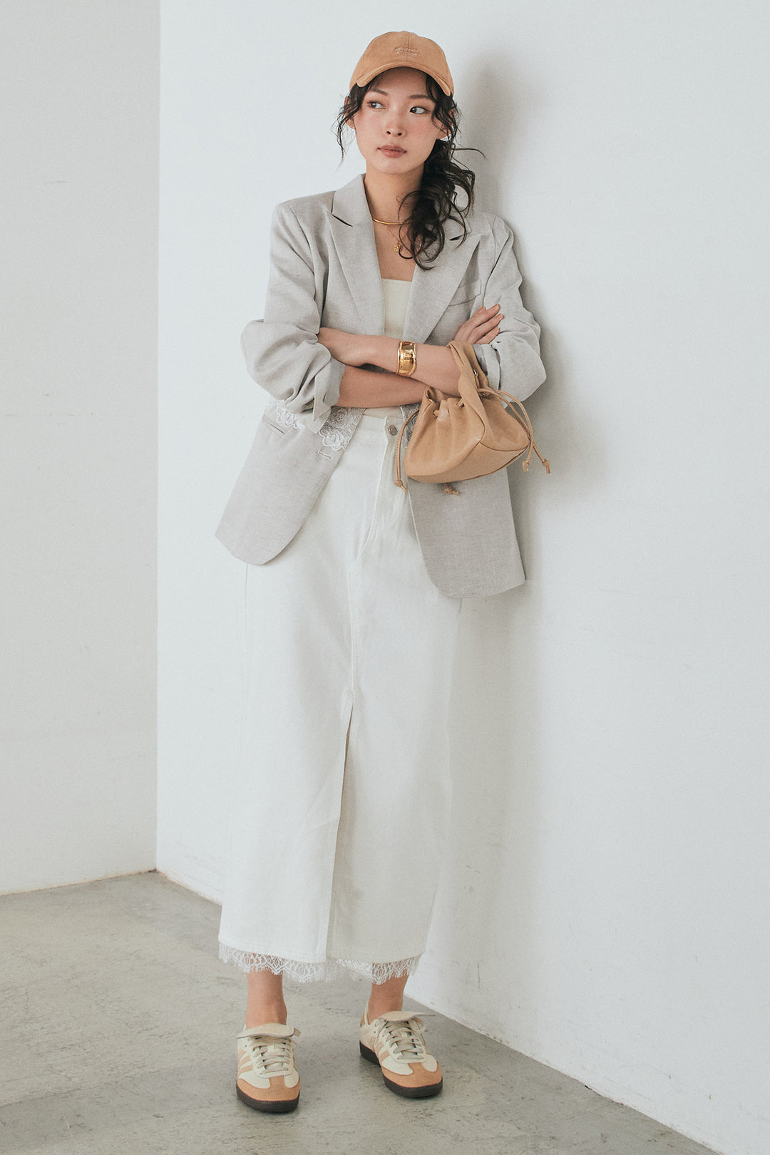 [SET]リネンタッチレースデザインジャケット+裾レースデザインデニムスカート(2set)