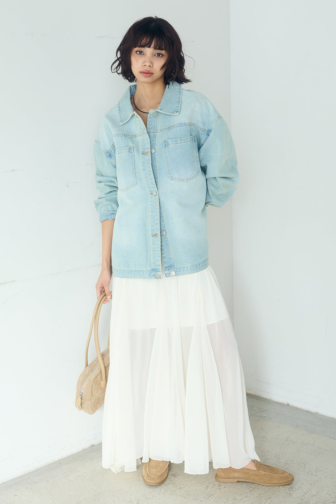 [SET]デニムオーバーサイズジャケット+シアーフリルキャミワンピース(2set)