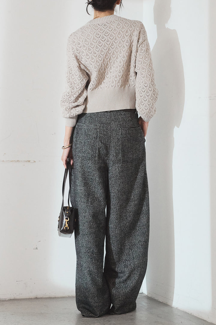 [SET]透かし編みニットジップスリットプルオーバー+タックツイードワイドパンツ(2set)