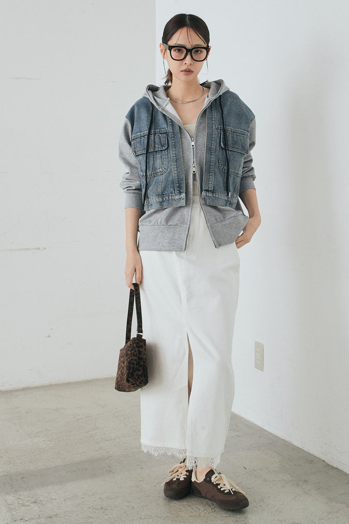 [SET]デニム切替ポンチダブルジップパーカー+裾レースデザインデニムスカート(2set)