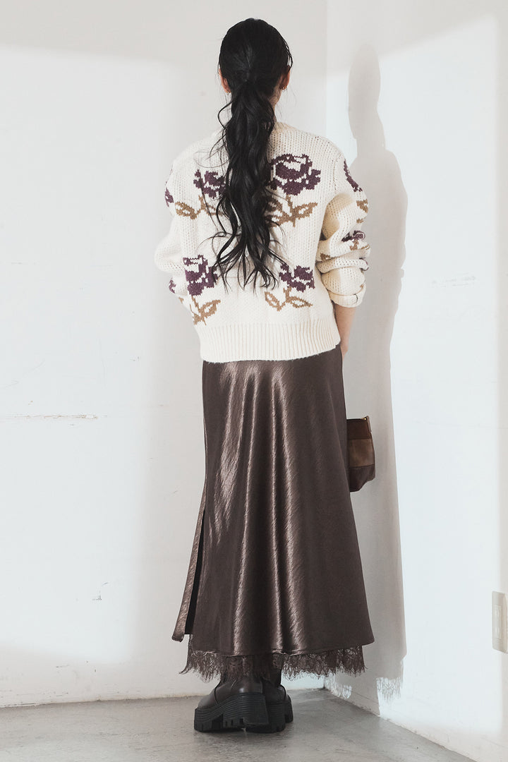 [SET]花柄ジャガードニットカーディガン+裾レースデザインサテンスカート(2set)